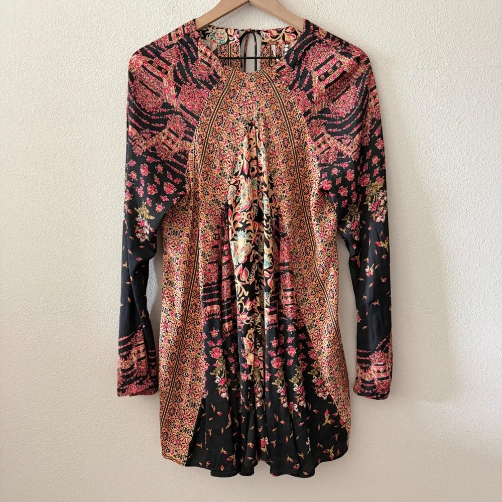FREE PEOPLE Women Stevie Printed Tunic Dress Floral Patchwork 70s Hippie Size M